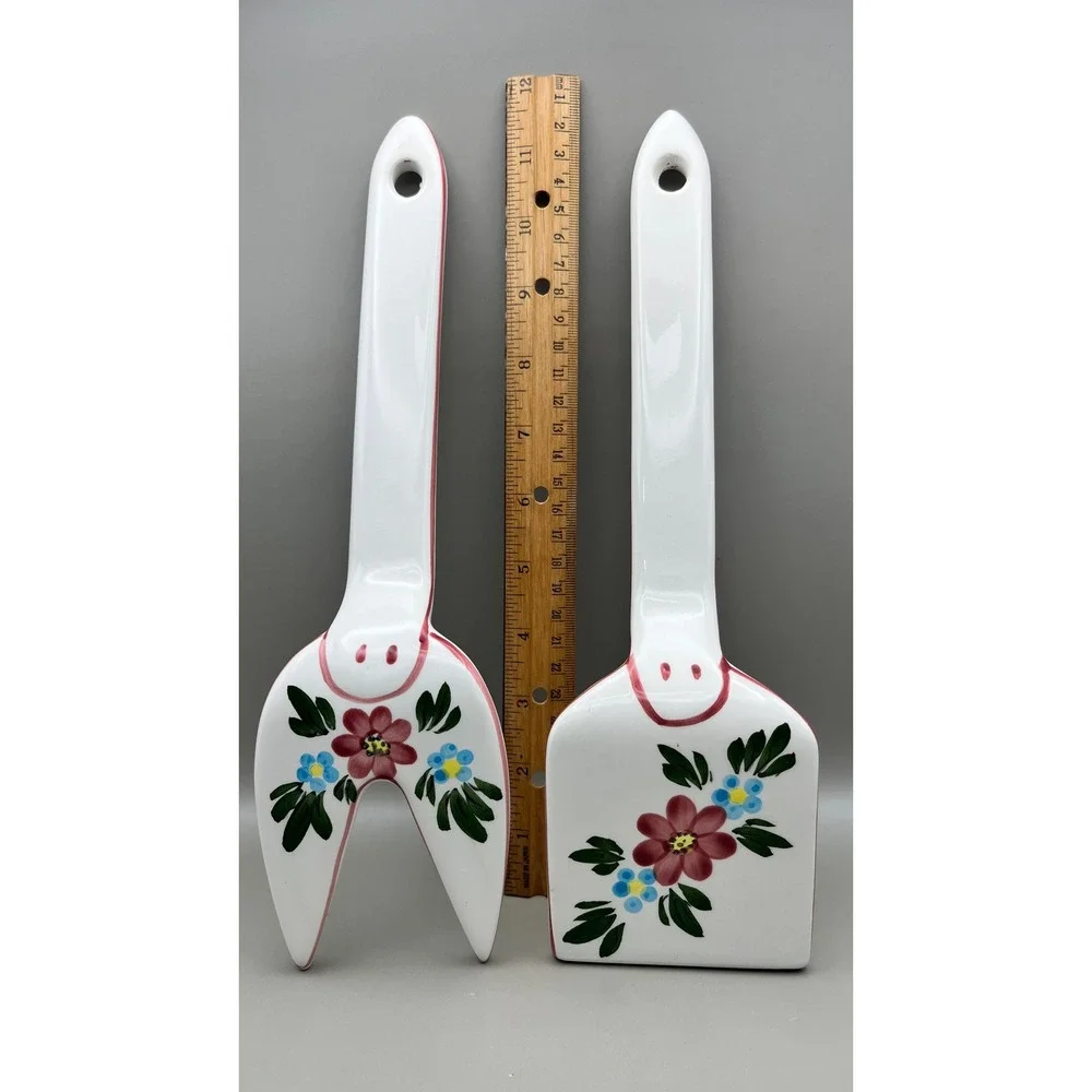 Ceramic Salad Server Set Hand Painted Floral Folk Art Fork & Spatula 12in Vtg